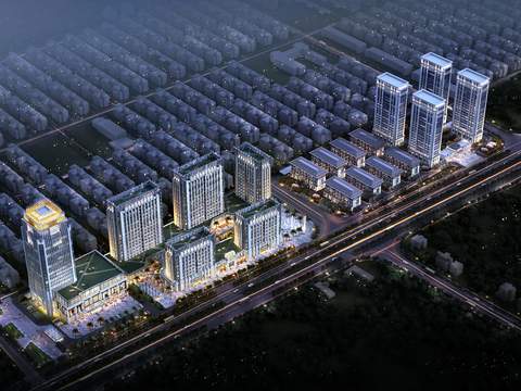  现代住宅楼外观鸟瞰夜景psd 