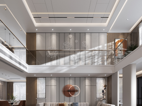  现代挑空别墅客餐厅3d模型 