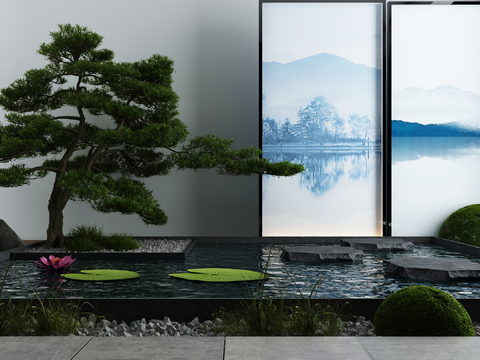  新中式松树水池景观小品3d模型 
