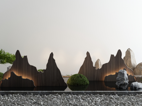  新中式庭院水池木山小品3d模型 