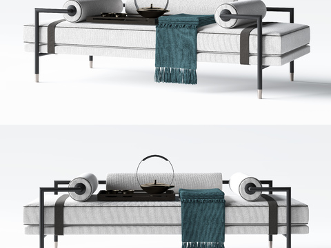  现代简约新中式实木床尾凳3d模型下载 客厅装饰沙发凳带茶具托盘 