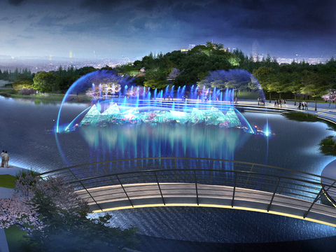  现代公园海上喷泉夜景景观psd 