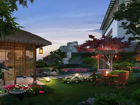  现代庭院公园园林夜景psd 