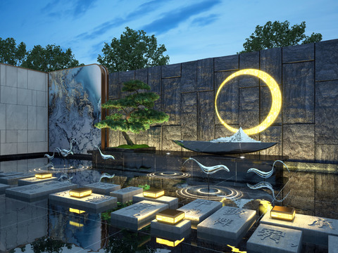  新中式庭院夜景3d模型 