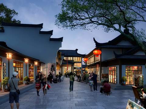  新中式商业街夜景景观psd 