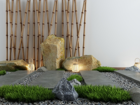  新中式竹子石头草地石子路景观小品3d模型 