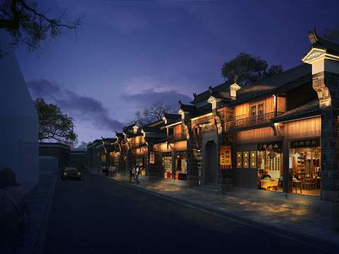  新中式商业街步行街夜景psd 