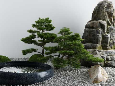  新中式假山松树景观小品3d模型 