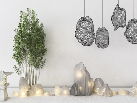  现代假山竹子园艺小品3d模型 