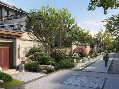  中式别墅庭院园林景观psd 