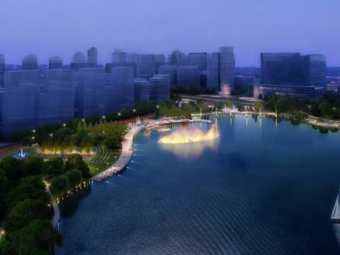  现代湖边夜景景观psd 