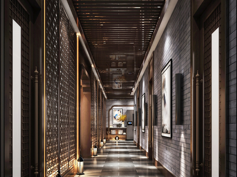  新中式会所走廊过道3d模型 