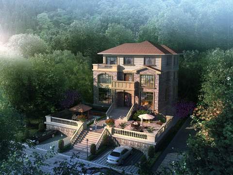  现代独栋别墅建筑外观psd 