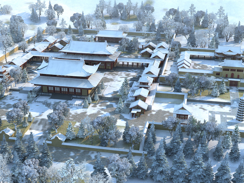  中式古建寺庙雪景3d模型 