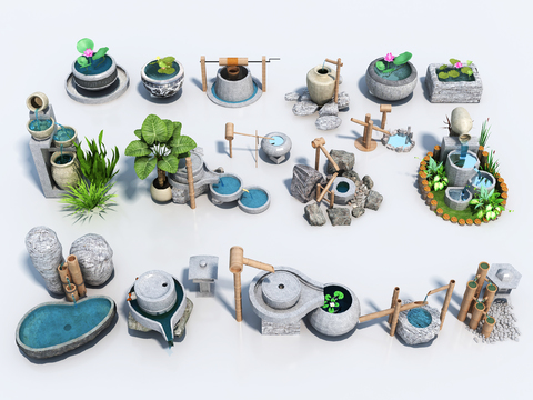  新中式园艺水景小品3d模型 