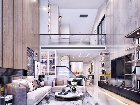  现代别墅客厅餐厅3d模型 