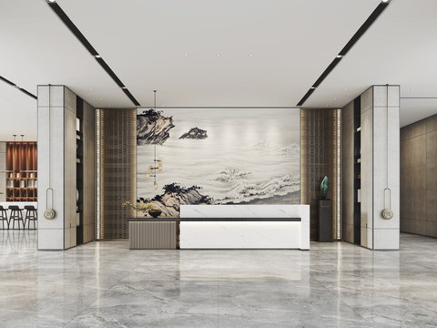  新中式售楼处前台大厅3d模型 