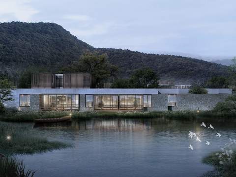  现代别墅湖边园林景观psd 