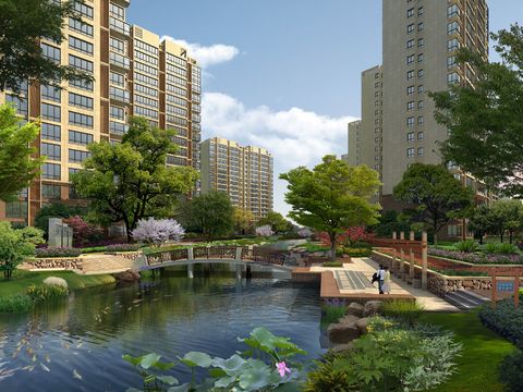  现代小区公园养鱼池psd 