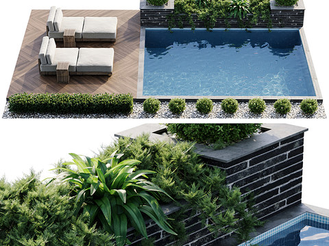  现代别墅庭院泳池3d模型 