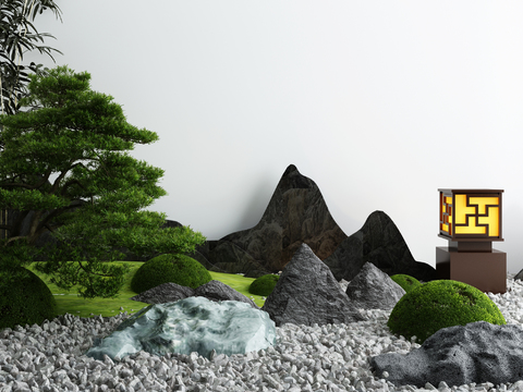  新中式松树假山小品3d模型 