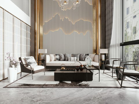  新中式复式别墅客餐厅3d模型 