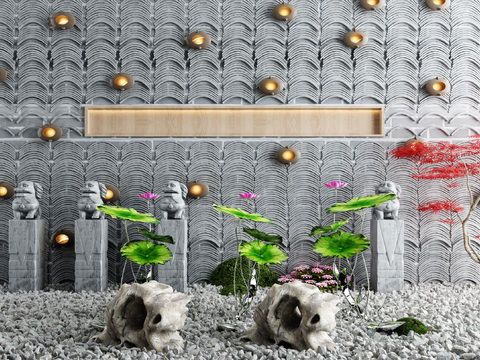  新中式荷花瓦片墙园艺小品3d模型 