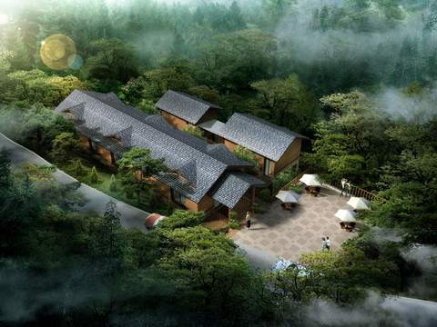  新中式民宿鸟瞰psd 