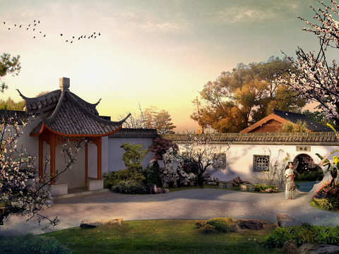  新中式庭院园林景观psd 