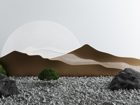  新中式沙漠假山灌木景观小品3d模型 