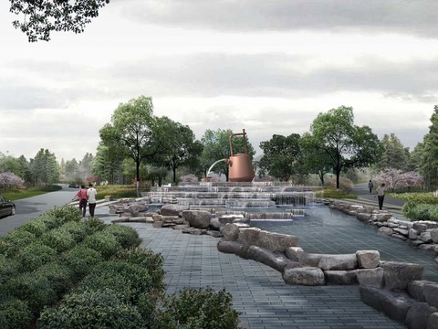  现代公园流水园林景观psd 