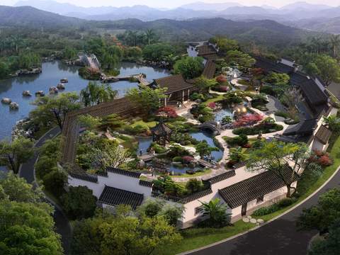  新中式庭院花园鸟瞰psd 