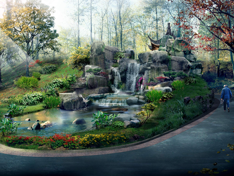  现代公园假山石流水psd 