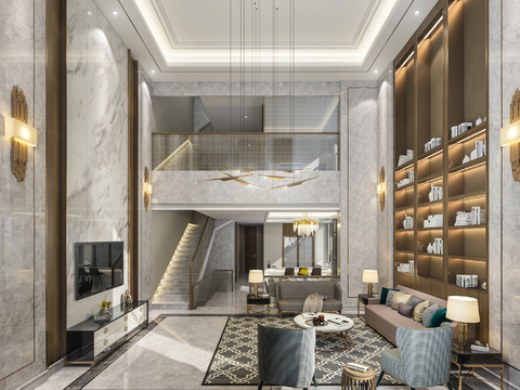  新中式混搭别墅大堂3d模型 