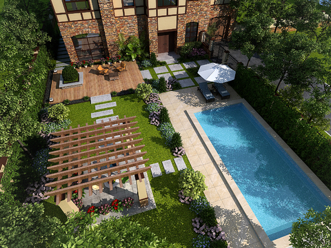  现代别墅庭院3d模型 