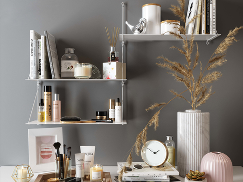  现代枯草花瓶化妆品书籍组合3d模型 