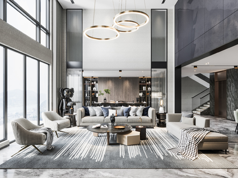  现代别墅挑高客厅3d模型 