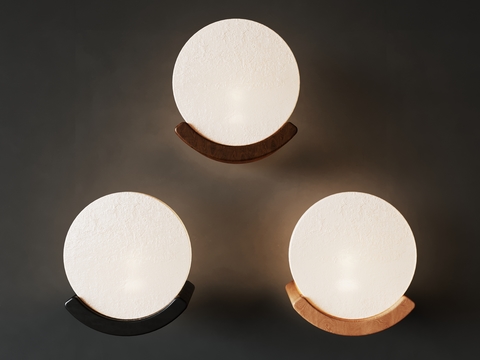  侘寂风圆形壁灯3d模型下载 木质底座现代简约石膏灯饰 室内装饰柔光灯具 