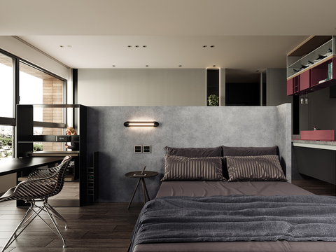  现代高级灰公寓卧室客厅3d模型 