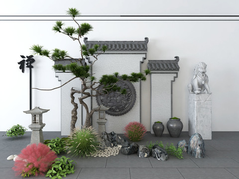  新中式马头墙绿植假山园艺小品3d模型 