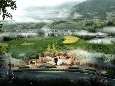  新中式湿地公园园林鸟瞰psd 