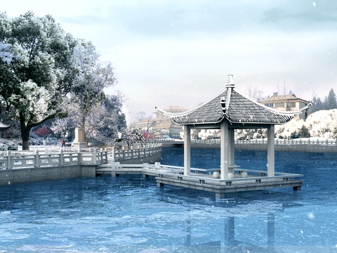  现代公园雪景冰湖凉亭psd 