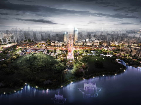  公园夜景鸟瞰psd 