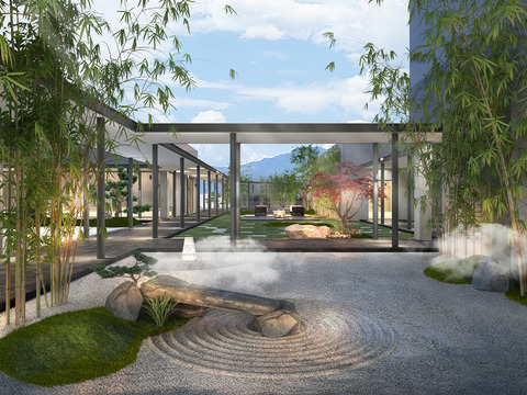  新中式酒店园林景观3d模型 