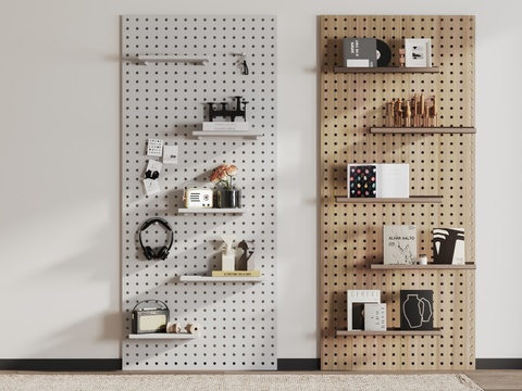  洞洞板壁柜3d模型下载 现代简约挂板 北欧工业风收纳装饰 温馨储物架组合 