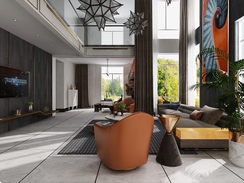  现代轻奢复式别墅客厅书房琴房3d模型 