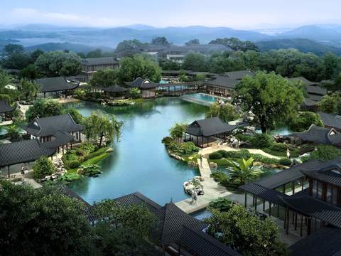  中式湖边公园景观psd 