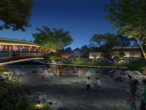  中式庭院园林夜景psd 