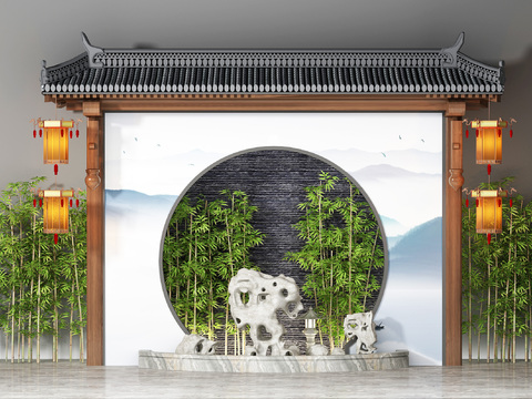  新中式屋檐假山竹子景观3d模型 