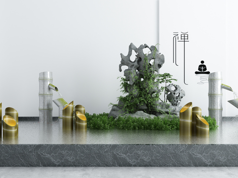  新中式假山竹子水景3d模型 
